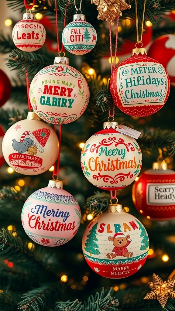 Colorful Christmas ornaments with unique graphic designs hanging on a tree.